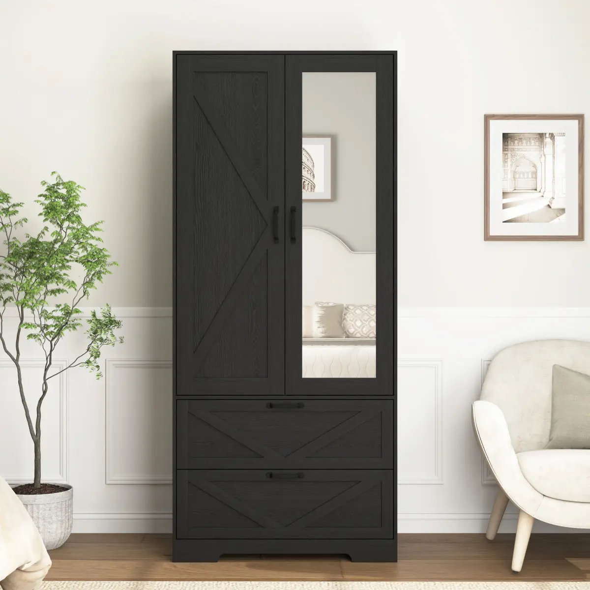 2 Door Wood Wardrobe for Bedroom with Hanging Clothing Rod inside the Cabinet and 2 Drawers for Storage Organization, Built-in induction light Multifunctional Closet with Mirror, Black