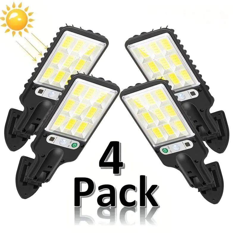 Solar Powered LED Street Lights 4 Pack with 120 LEDs IP65 Waterproof Motion Sensor Outdoor Flood Lights for Yard Garage Pathway Garages Backyards Front Yards Heavy-Duty Waterproof Lighting Solution for Home Outdoor Areas Adjustable Flood Lamp