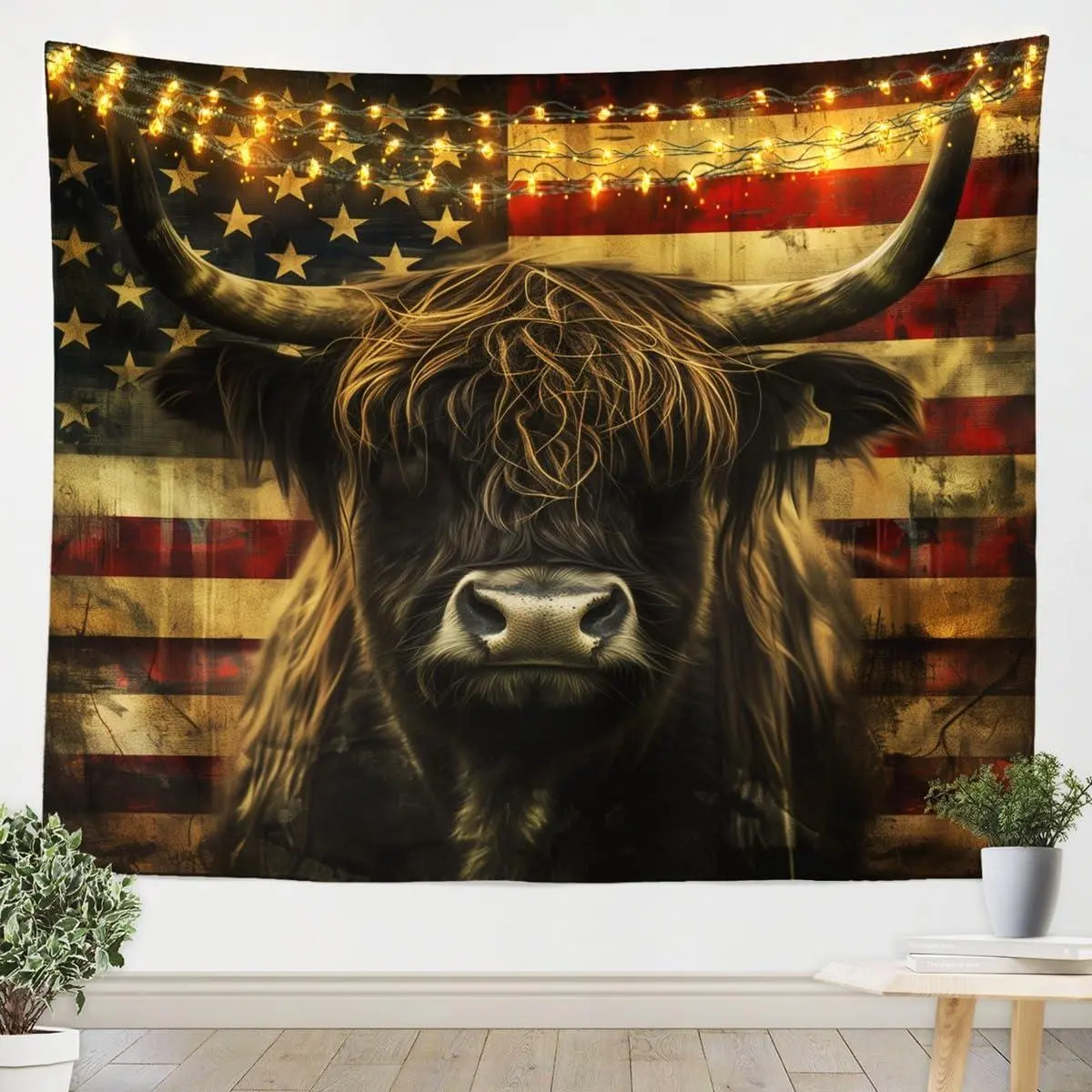 3D Bull Tapestry Highland Cow Printed Tapestry Bedroom,Rustic American Flag Wall Tapestry Western Animal Wildlife Tapestries Geometric Stripe Wall Hanging Room Decor