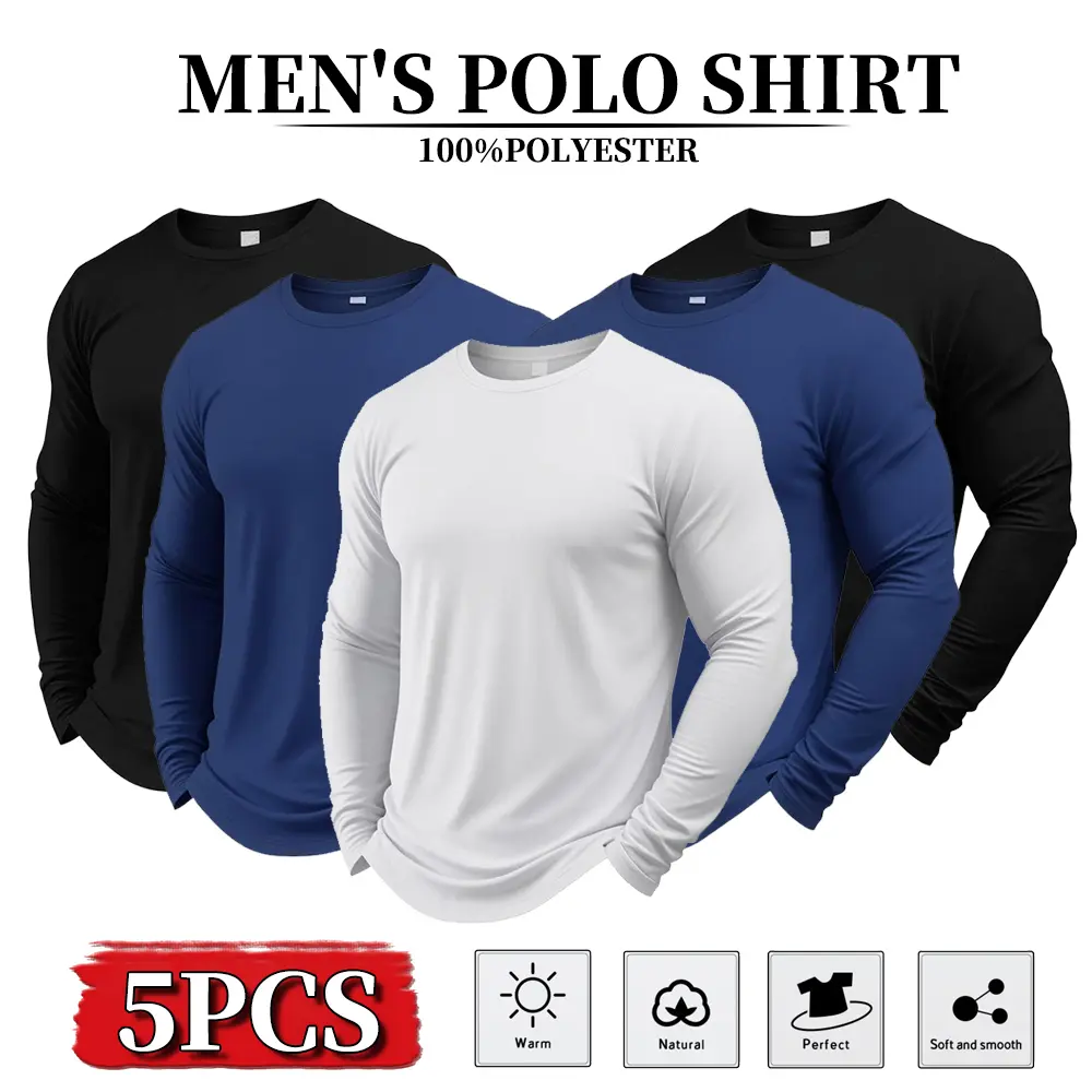 Men's 5-Pack Long Sleeve T-Shirts - Plain, Stylish Menswear Tops, Ideal for Everyday Wear, Commuting, Sports, Minimalist, Polyester, Simple Look