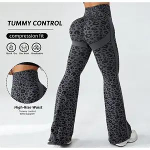 Women's High-Waisted Flared Yoga Pants, Hip-Lifting Sports Wide-Leg Pants, Leopard Print Fitness Yoga Bell-Bottom Pants