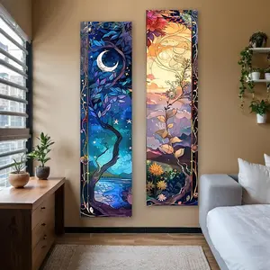 Sun & Moon Pattern Wall Hanging Tapestry, 1/2 Counts Tree Of Life & Flowers Natural Landscape Long Narrow Tapestry, Wall Tapestries, Wall Decor for Bedroom