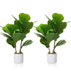 Set of 2 Artificial Potted Plants – 15.7" Faux Fiddle Leaf Fig & Ficus Trees – Realistic Indoor Greenery – Modern Marble-Look Pots – Decorative Fake Plants for Home, Office, Living Room, Bathroom