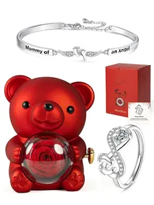 Angel Bracelet & Ring Set, Jewelry Gift Set, Stainless Steel, Adjustable Angel Wing Bracelet and "Infinite Promise" Ring, Presented in a Gift Box with Everlasting Rose and Teddy Bear. Memorial Gift for Loss of a Loved One; Mother's Day Gift