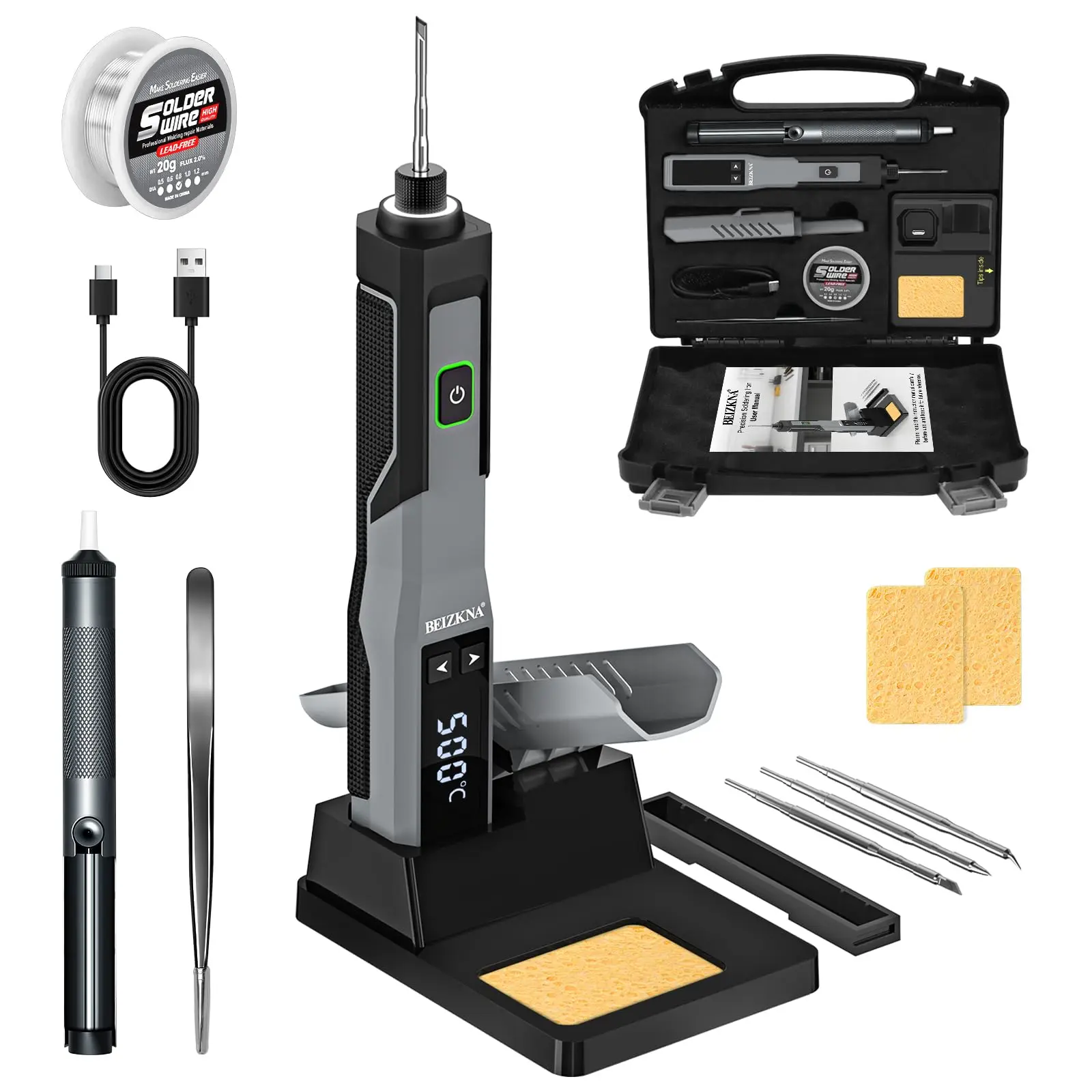 Soldering Iron Kit Cordless 5s Heating 14-in-1 Portable Soldering Iron with LED Display 392-932℉, Auto Sleep, Electric USB Rechargeable Wireless Welding Tool for Precision Repair DIY