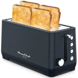 Stainless Steel 4-Slice Toaster, 1500W Kitchen Appliance with Extra Wide Long Slots, Warming Rack, 6 Browning Settings, Bagel/Defrost/Reheat Functions, Removable Crumb Tray