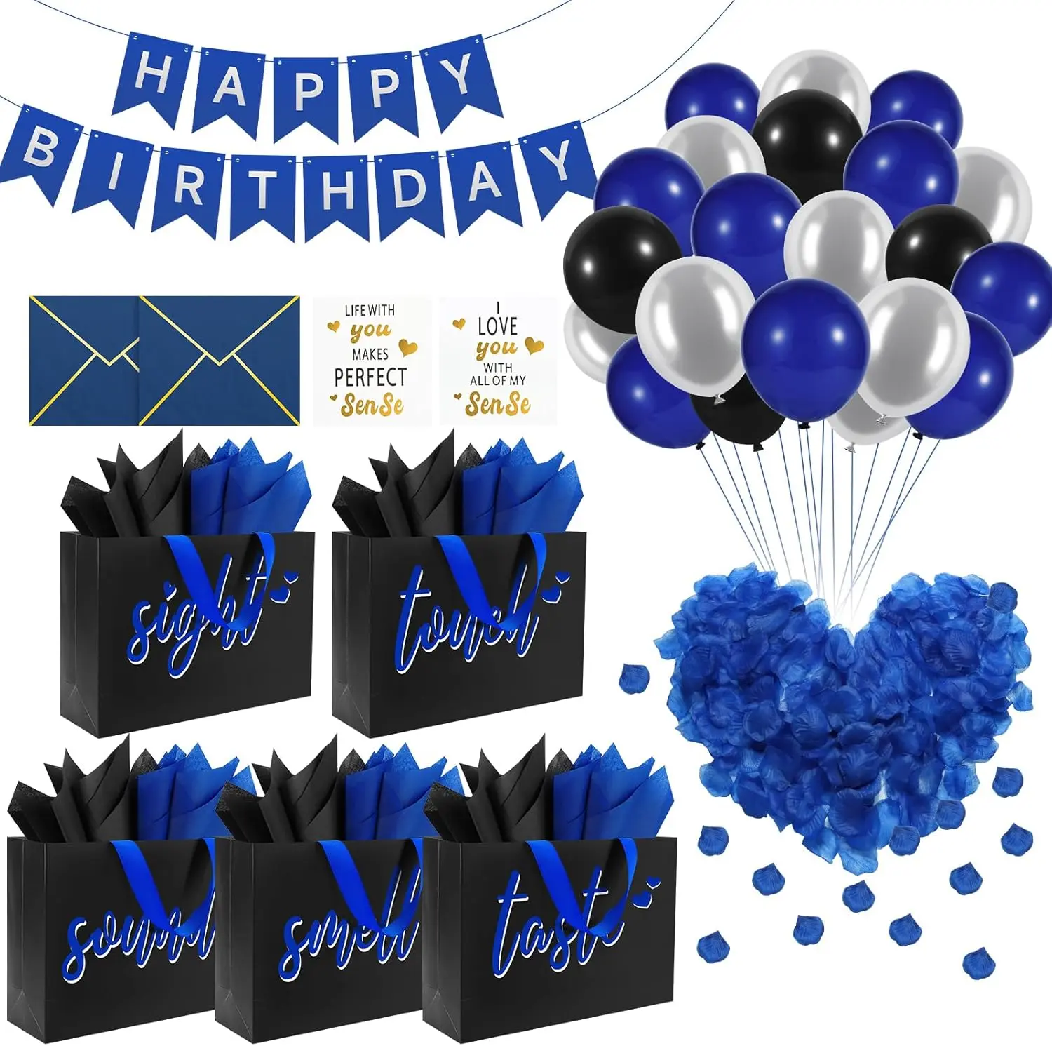 5 Senses Gift Bags for Him with Labels & Tissue Paper | Happy Birthday Decorations Kit with Banner, Balloons, Rose Petals, Envelope, Card for Men, Boyfriend, Husband(Black - Blue lettering)