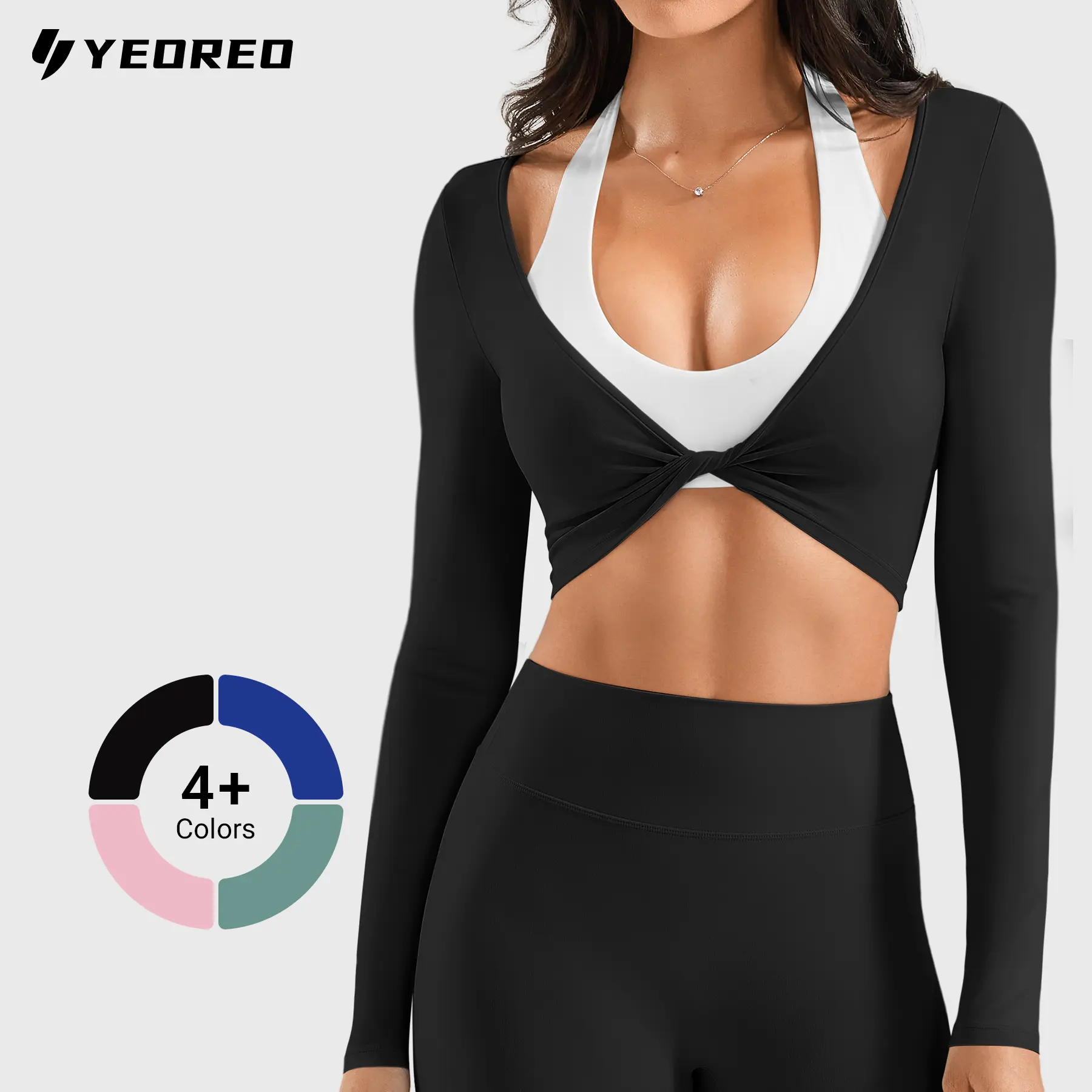 YEOREO Ease Cover Up Long Sleeve Twist Back Workout Top - Deep V Knot Yoga Crop, Gym Clothes, Activewear Athletic, Yoga Gym Shirts, Stretch Fitness Wear