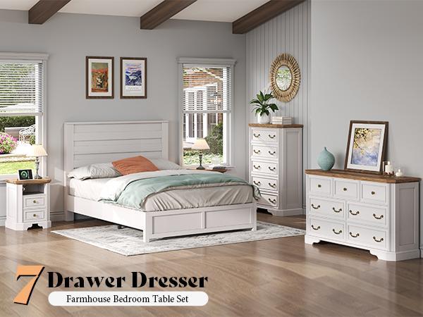 AMERLIFE Farmhouse 7 Drawer Dresser for Bedroom，54" Wide Wooden Dresser for Closet with Natural Wood Grain & Vintage Handles, TV Stand for Bedroom