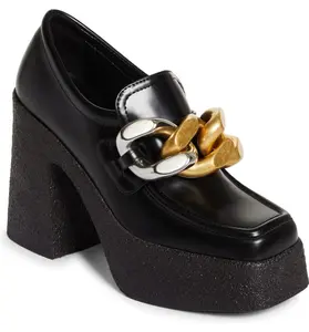 STELLA MCCARTNEY Skya Chain Detail Chunky Platform Loafer Black Gold Sliver 38.5
