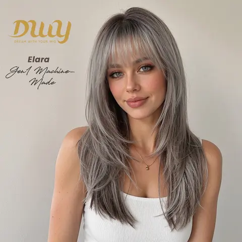 Elara-DWY Long-length Body Wave Smoky Silver Gery Highlights Glueless Synthetic Wig for Women 24 Inches, Women's Clothes, Wedding