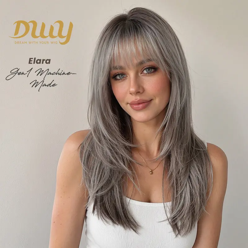 Elara-DWY Long-length Body Wave Smoky Silver Gery Highlights Glueless Synthetic Wig for Women 24 Inches, Women's Clothes, Wedding