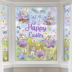 Easter Window Clings Stickers - Watercolor Bunny Floral Egg Butterfly Glass  Peel and Stick Static Sticker for  Window Glass Easter-Themed Decor ( Easter)