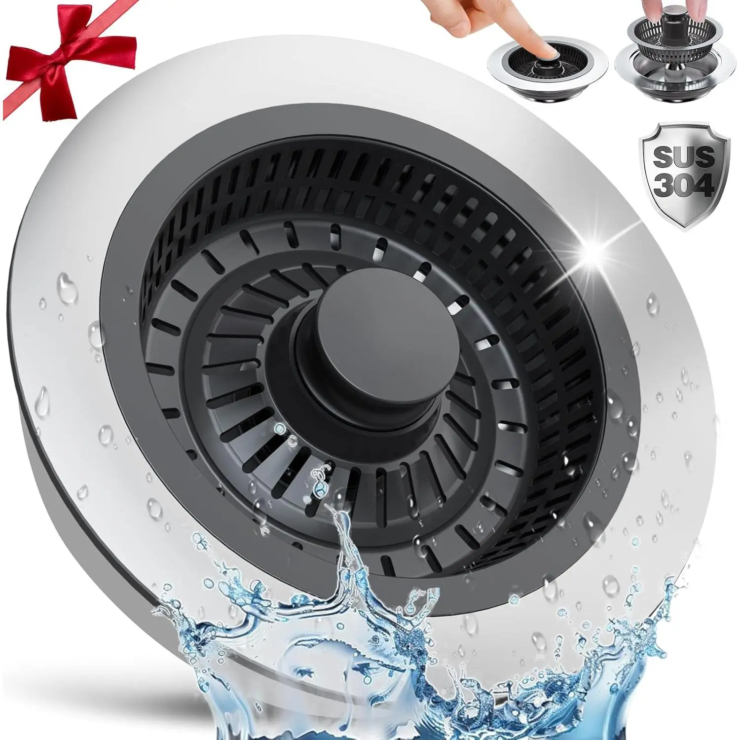 3-in-1 Stainless Steel Kitchen Sink Drain Strainer & Stopper, Anti-Clogging Odor Filter Plug, Bath Tub Accessories, Fits US Standard 3.5 in Drains, Home Essentials
