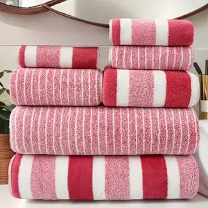 7-piece set: ultra-absorbent bath towels that don’t pill easily; ultra-soft two-tone striped interval bath towel combination; premium ultra-fine microfiber bathroom towel set including 2 bath towels, 2 washcloths, and 3 hand towels; suitable for bathrooms