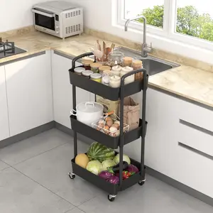 3-Tier Plastic Rolling Utility Cart with Handle, Multi-Functional Storage Trolley for Office, Living Room, Kitchen, Movable Storage Organizer with Wheels, Black