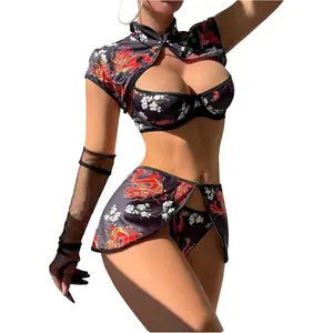 Women's 4 Piece Cheongsam Costume Lingerie Set Dragon Print Qipao Cosplay Outfits