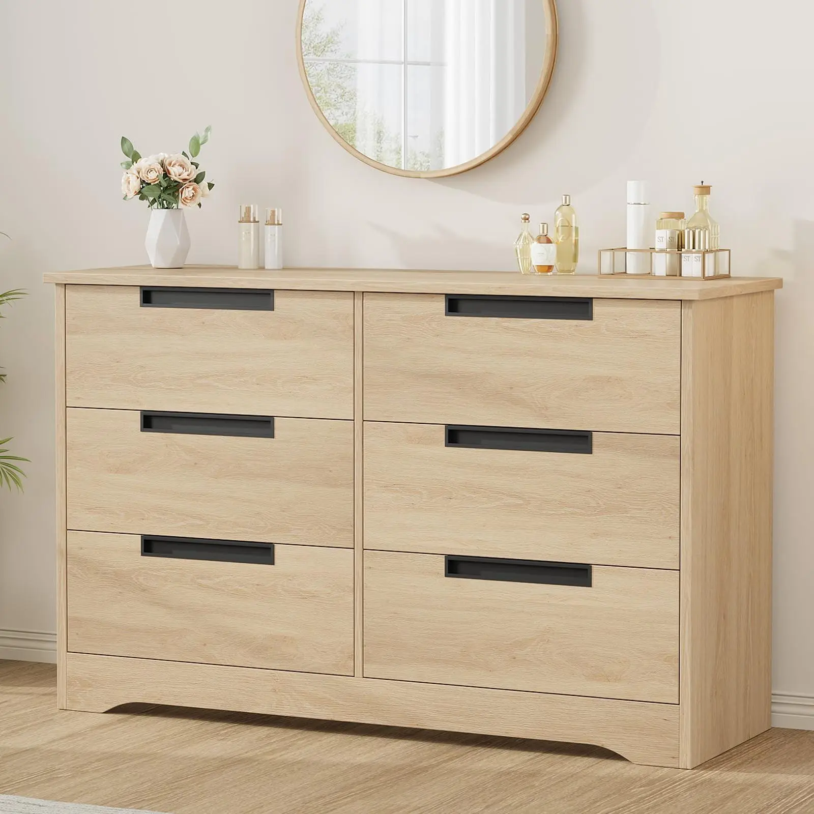 Gaomon Walnut Brown 6-Large-Drawer Wood Dresser - Black Modern Chest with Embedded Handles, Reinforced Base, Anti-Tip Safety, Easy Setup for Bedroom, Living Room Storage Organization, Six Large Drawers
