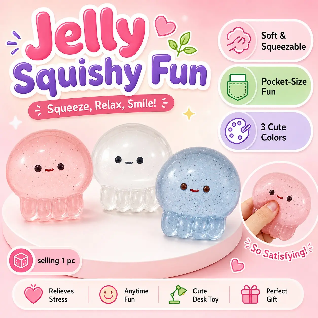 1pc Cute Jellyfish Squishy Toy, Transparent Jelly Style Soft Squeezable Slow Rebound Stress Relief Fidget Toy, Pink White Blue Color Options, Portable Palm Size Desk Relaxation Toy For Office Study Daily Fun Birthday Holiday Gift