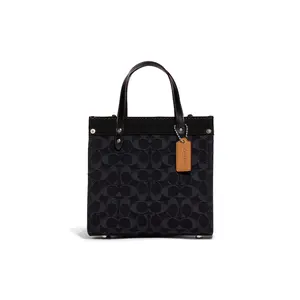 Coach Field 22 Classic Monogram Jacquard Toggle Closure Fabric and Leather Tote Bag for Women, Small, Black