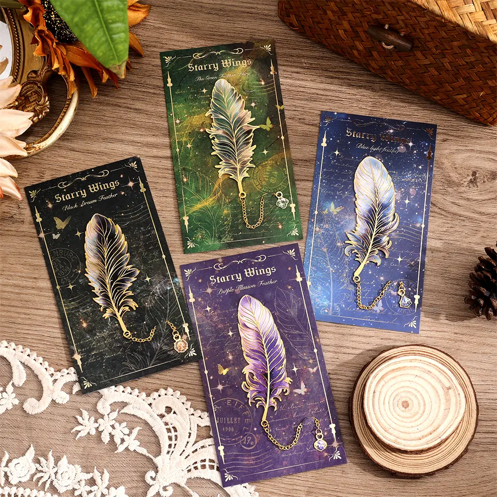Custom Shaped Metal Bookmarks (4-Pack) - Feather Shape, Starry Wings Design with Chain, Office Stationery Page Marker, Book Lover Gifts, Bookish Things for Mother's Day