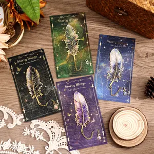 Feather-Shaped Metal Bookmarks with Chain, 4-Pack Vintage-Inspir[Mother's Day Gift] ed Book Marks Set - Cute Unique Page Markers Gifts for Book Lovers, Readers, Writers, Reading Women, Men, Kids, Teens (Starry Wings)