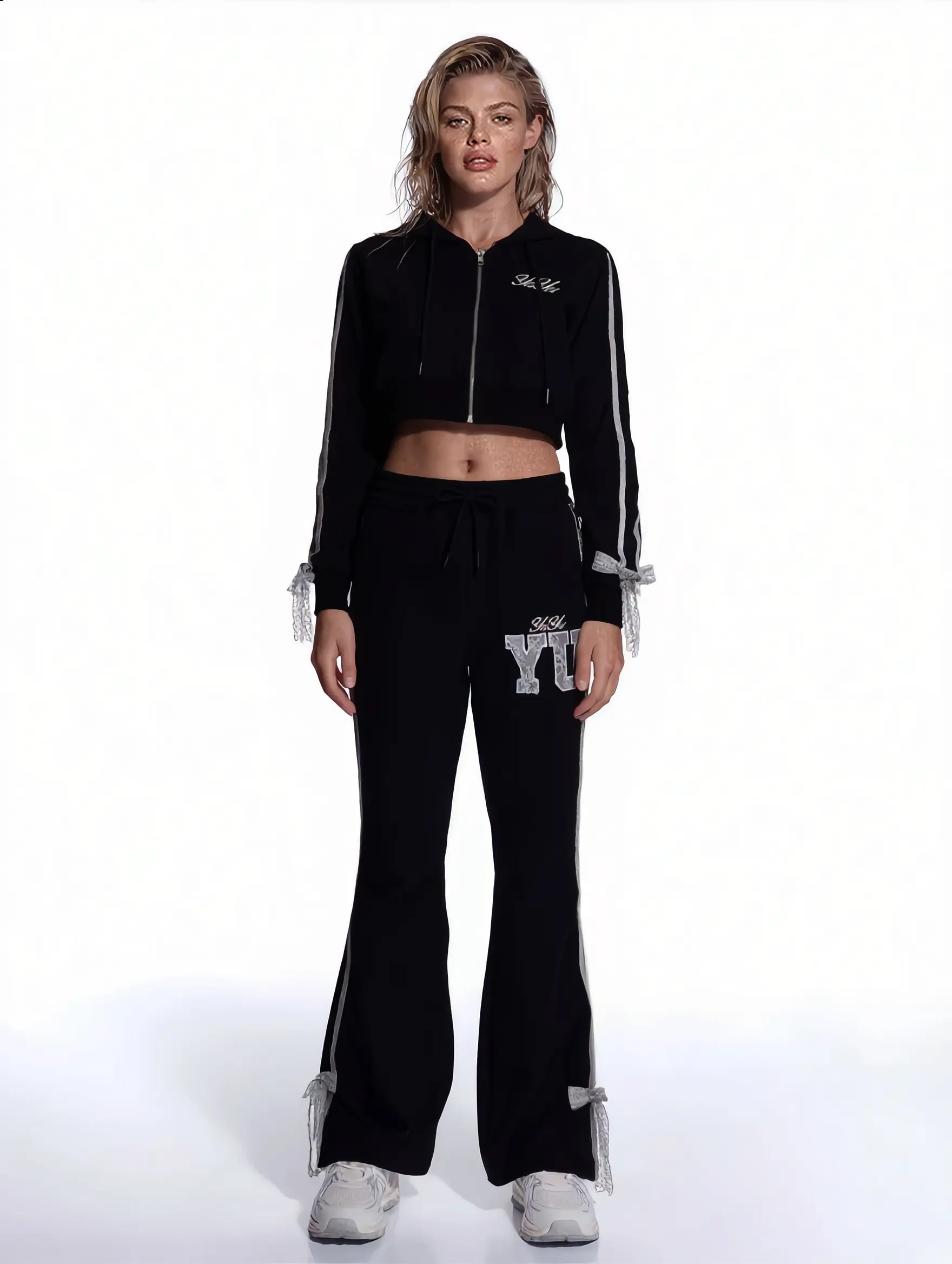 YU-YU Mother's Day Clearance Sale Y2K Lace Bow Cropped Hoodie Tracksuit, Soft Stretchy Waist Cinching Two Piece Outfit, Hot Girl Streetwear Loungewear Set