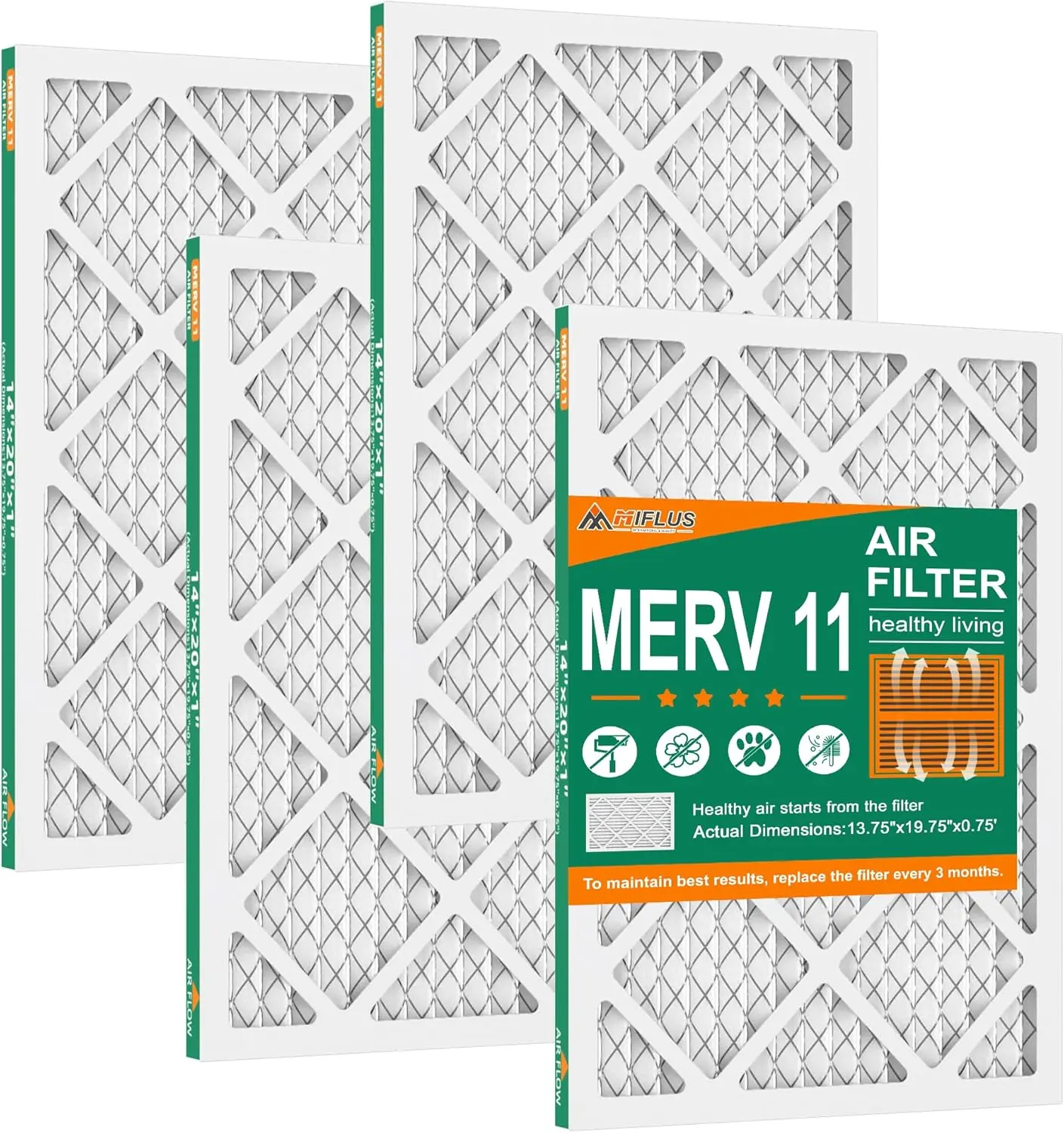14x20x1 MERV 11 Furnace Filter, 4 Pack Eco-Friendly Recycled Materials, HVAC Filter for Furnace Air Filter, Captures Dust, Pollen, Pet Dander, 2x Deep Pleats, Instant Setup, Boosts HVAC Efficiency, Long-Lasting Value