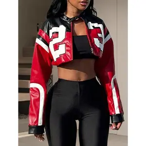 Women's Leather Jacket Cropped Jacket Motorcycle Jacket Y2K Lettering Jacket Women's Faux Leather Jacket StreetwearGIFT7