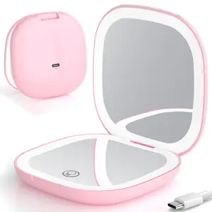 LED Compact Makeup Mirror, 4 Inches 1X/10X Magnification Travel Mirror with Light Dimmable Double Sides Lighted USB Rechargeable Compact Mirror, Travel Essentials Magnifying