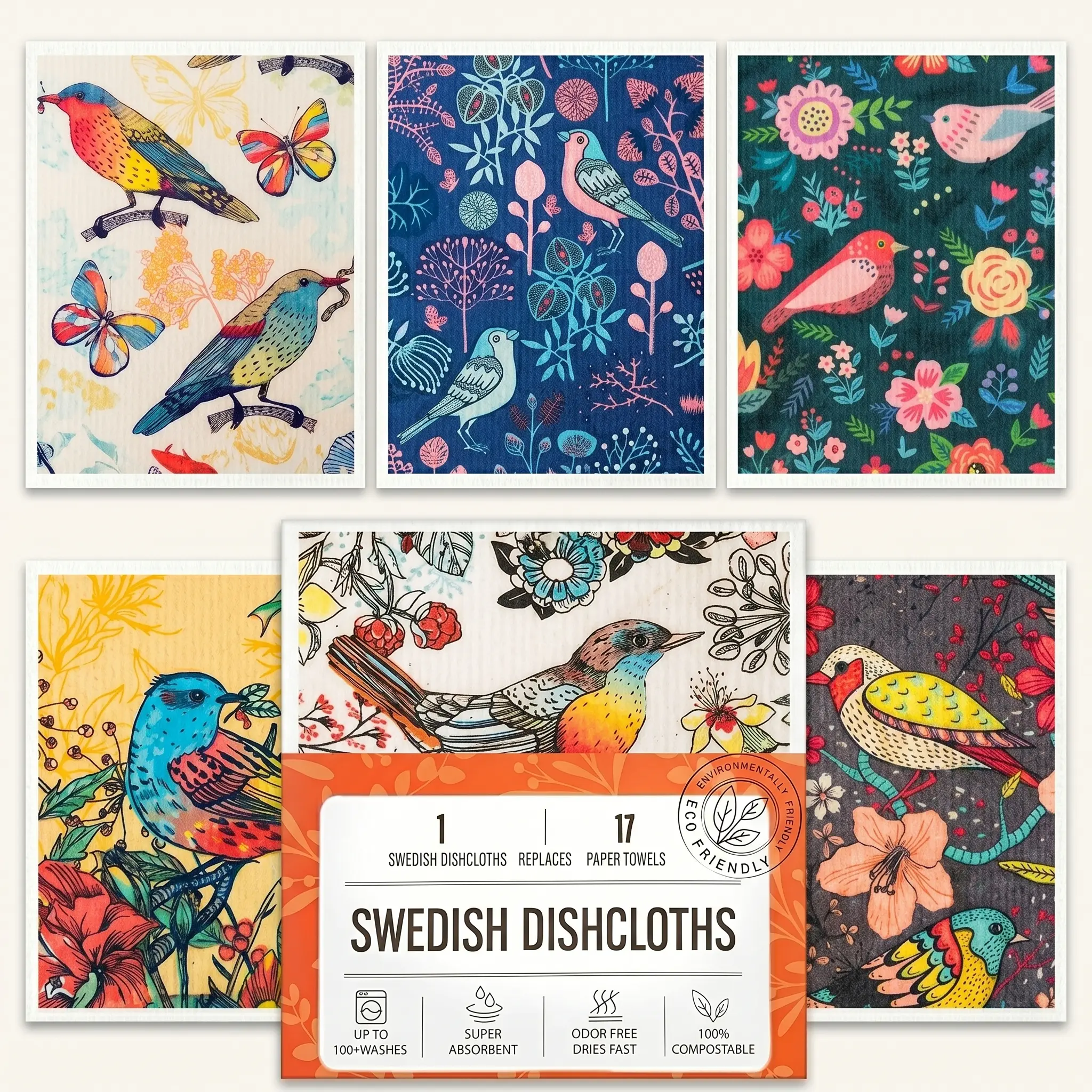 Swedish Dishcloths for Kitchen, Swedish Dish Cloths 6 Pack, Super Absorbent Reusable Paper Towels Washable, Biodegradable, Quick Drying, Dishwasher Safe bird and flower Design