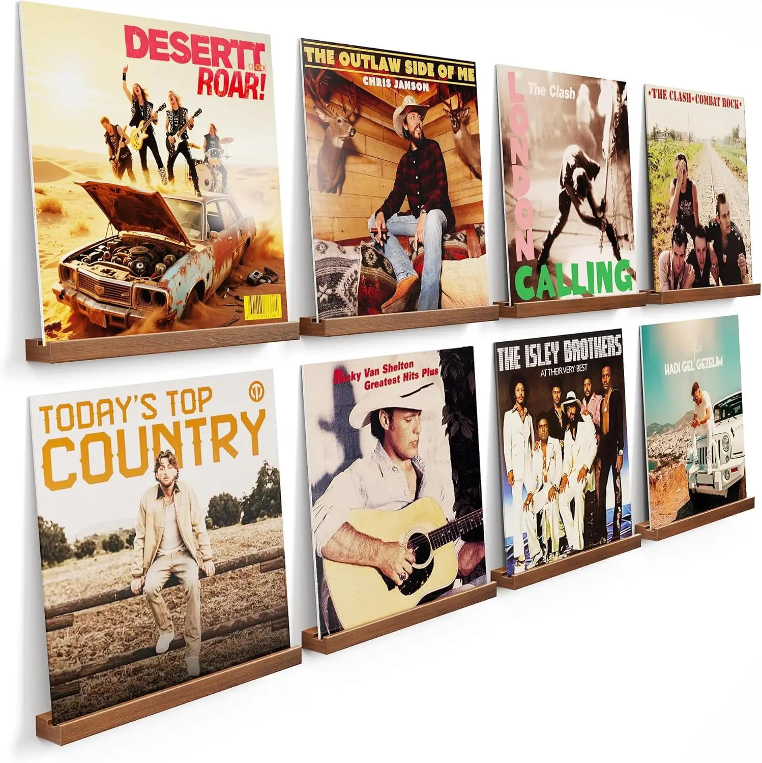 Emfogo Vinyl Record Shelf Wall Mount, 8 Pack Wood Album Record Holder Wall Shelves for LP Record Storage Display, Floating Record Ledge for Living Room Home Entryway, Walnut Finish, 12 Inch Display Rack