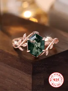 S925 Sterling Silver Elegant Style Square Shaped Gemstone Decorated Ring, Emerald Cut Solitaire Ring, Fashion Jewelry Accessories for Women & Girls for Party, Daily Clothing Decor, Trendy Jewelry for Birthday Gift, Emerald Leaf Ring, Fashion Rings