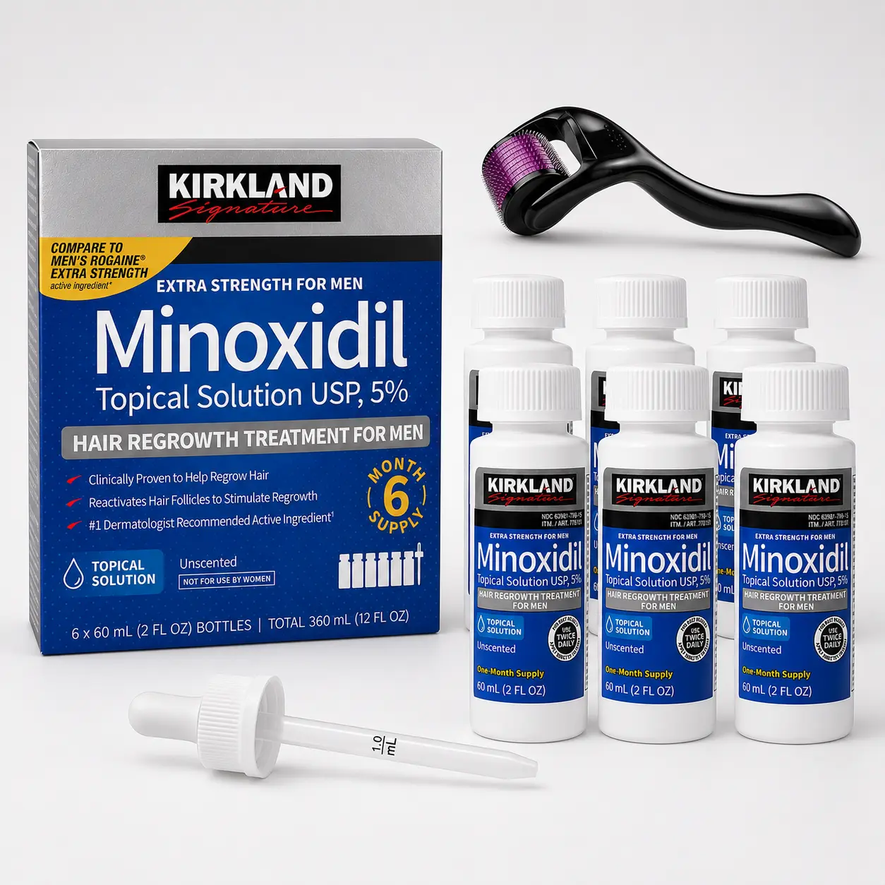 Kirkland Minoxidil 5% Hair Care Serum Daily Scalp Drops Topical Serum Kit for Thicker & Fuller Looking Hair - Premium Men's Grooming & Nourishing Personal Care Routine with Precision Dropper