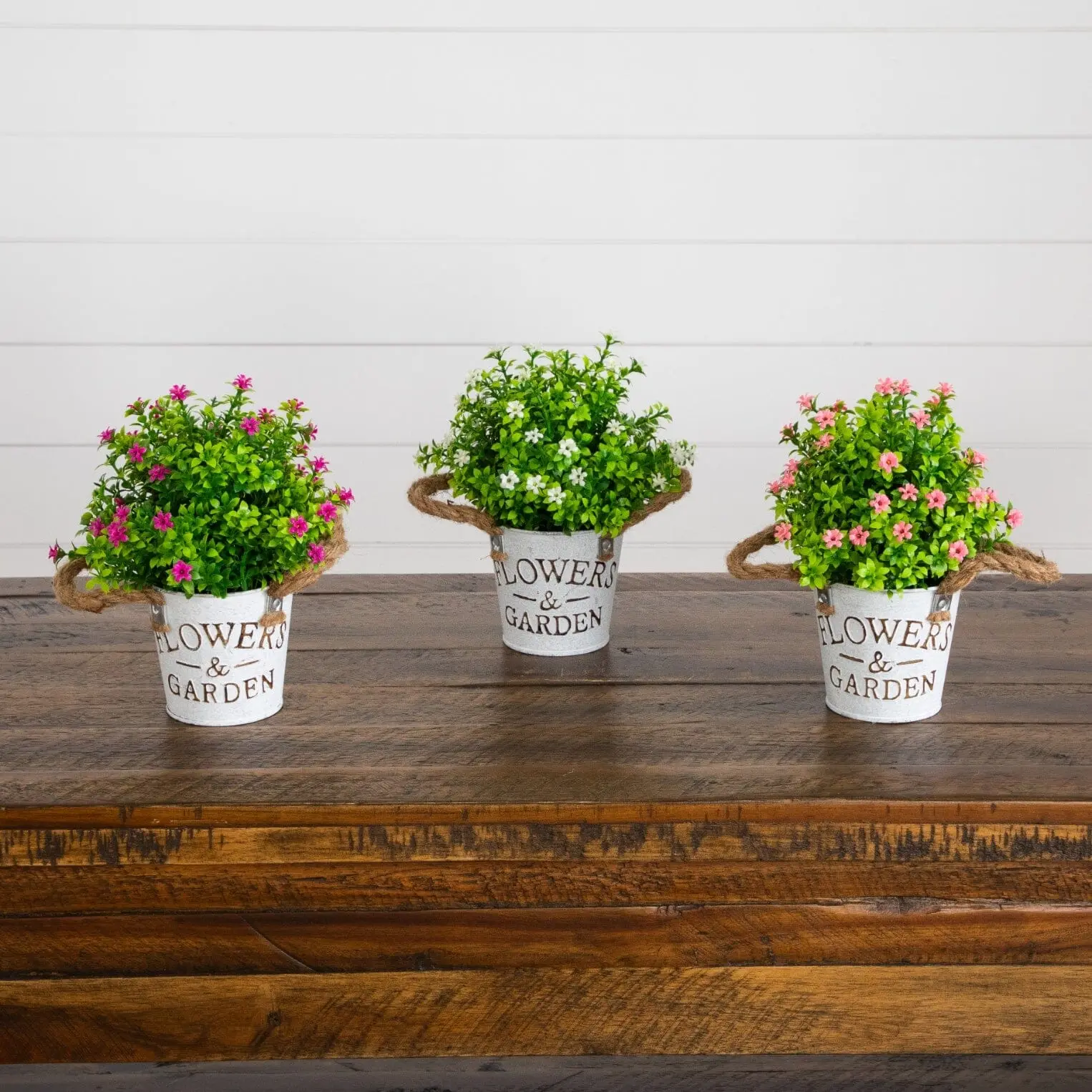 8” Artificial Flowering Mini Daisy Plant in Rustic Flowers & Garden Planter -Set of 3