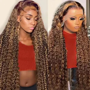 Zlzlblbl 13x6 Honey Blonde Water Wave HD Lace Front Human Hair Wigs for Women 200% Density 4/27 Colored Highlight Wigs Pre Plucked with Baby Hair