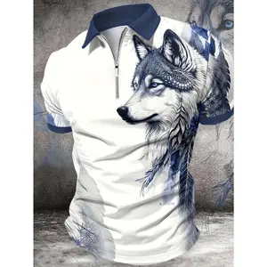 [Popular Choice, Wolf Printed Shirt] Breathable Polyester Men's Wolf Printed Shirt |   3D Digital Printing, Casual Summer Wear, Metal Details, Size ML, Sportswear, Short Sleeves, Formal Work, Micro Elastic