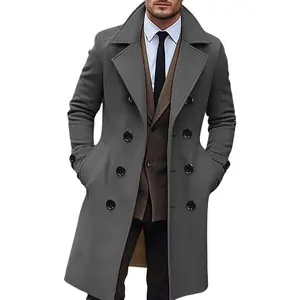 Elegant Men's Gray Tweed Pea Coat - Warm, Double-Breasted, Long Sleeve with Side Pockets & Brown Trim - Casual Solid Color Winter Cardigan for Streetwear, Casual Streetwear|Doublebreasted Design|Buttonup Coat Cotton Menswear Jackets Polyest