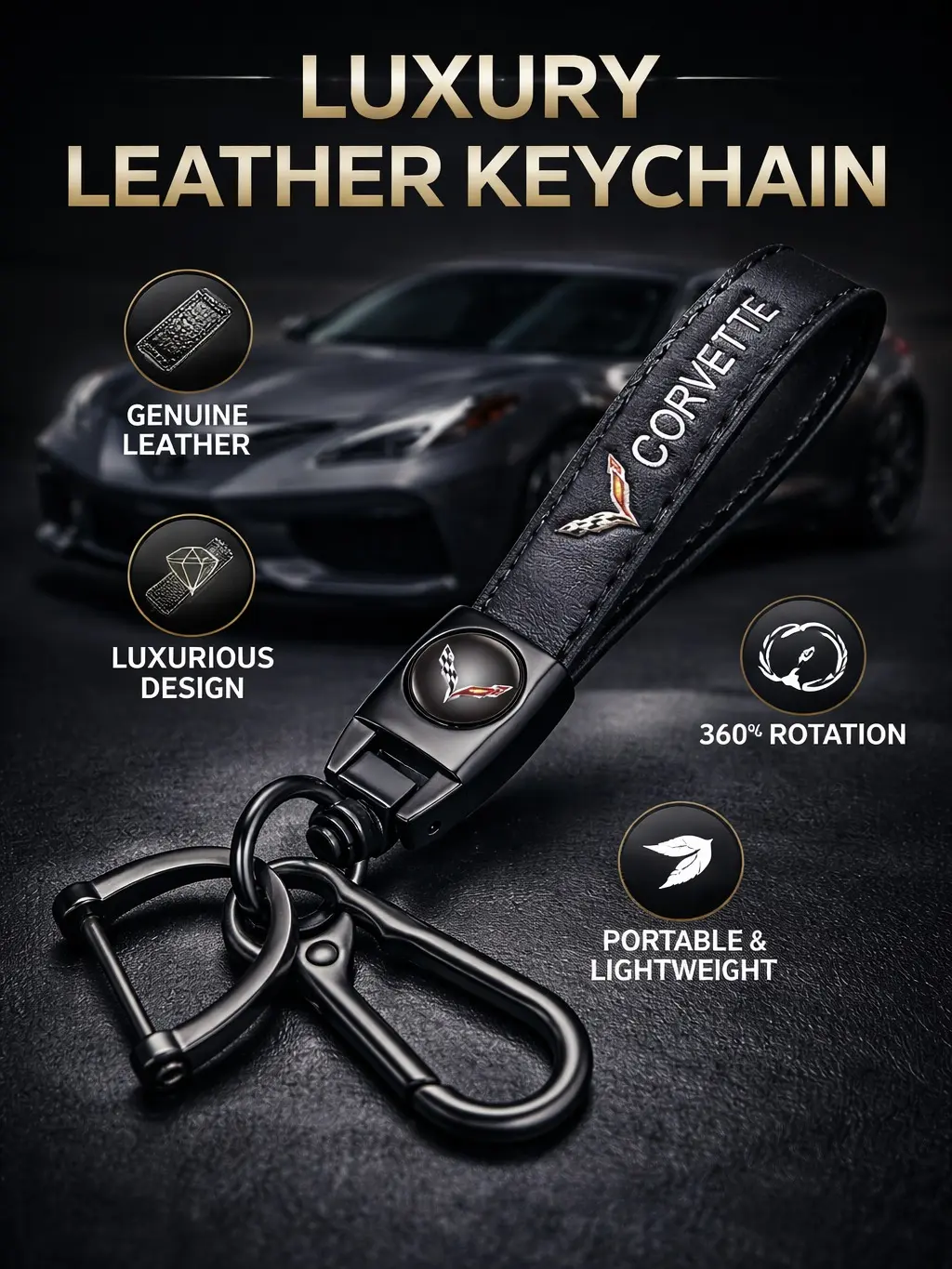 Genuine Leather Metal Keychain with Wristlet Strap, Anti-Loss Key Ring Accessory for CORVETTE Cars, Premium Stylish Vehicle Interior Decoration Gift Charm