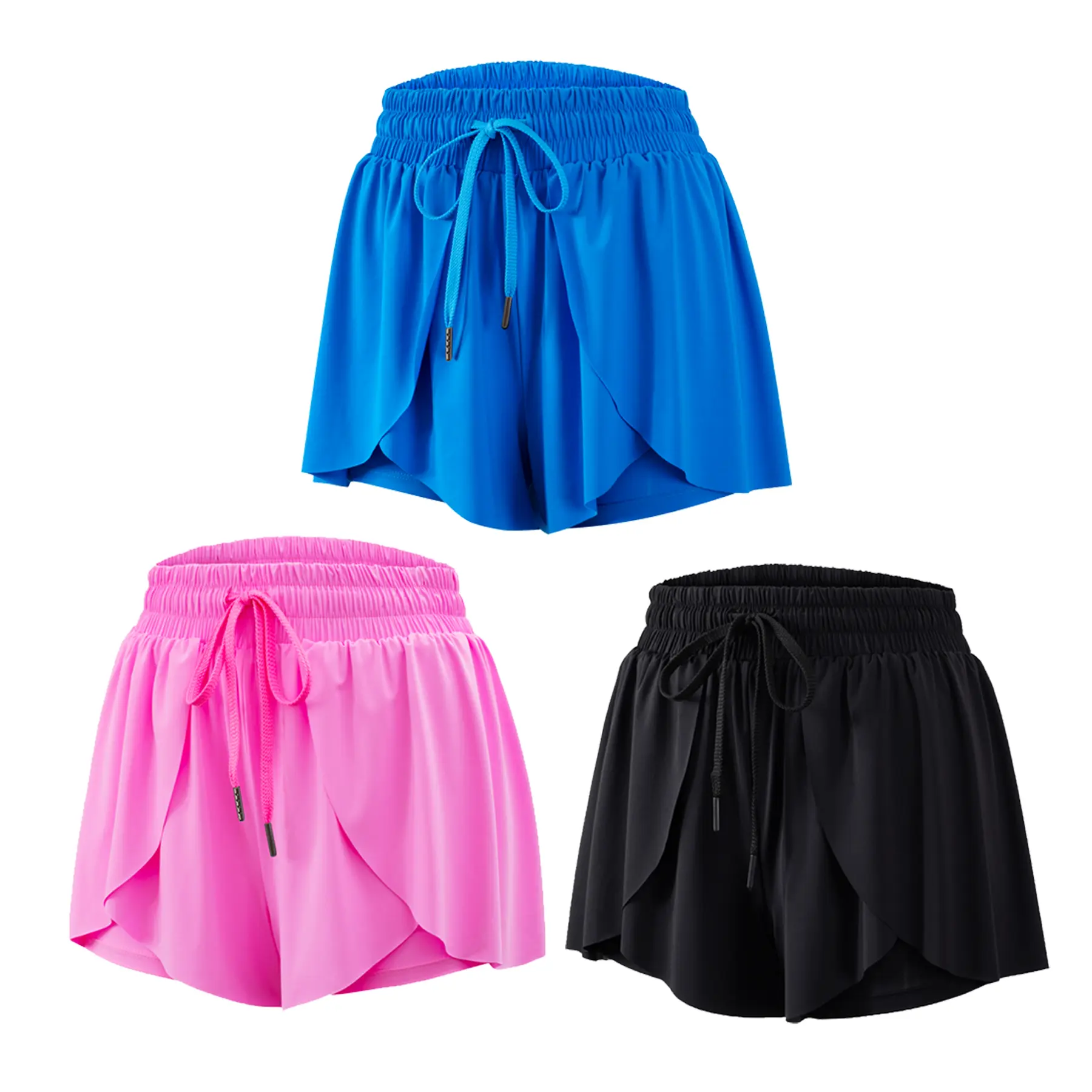 Nvbeaut Women's 3-Pcs/Set High-Waisted 2-in-1 Butterfly Flowy Athletic Shorts with Pocket, Breathable Stretch Athleisure Casual Comfy Spandex Workout Sets for Yoga, Running Training, Athleisure Casual Shorts, Breathable Stretch Shorts