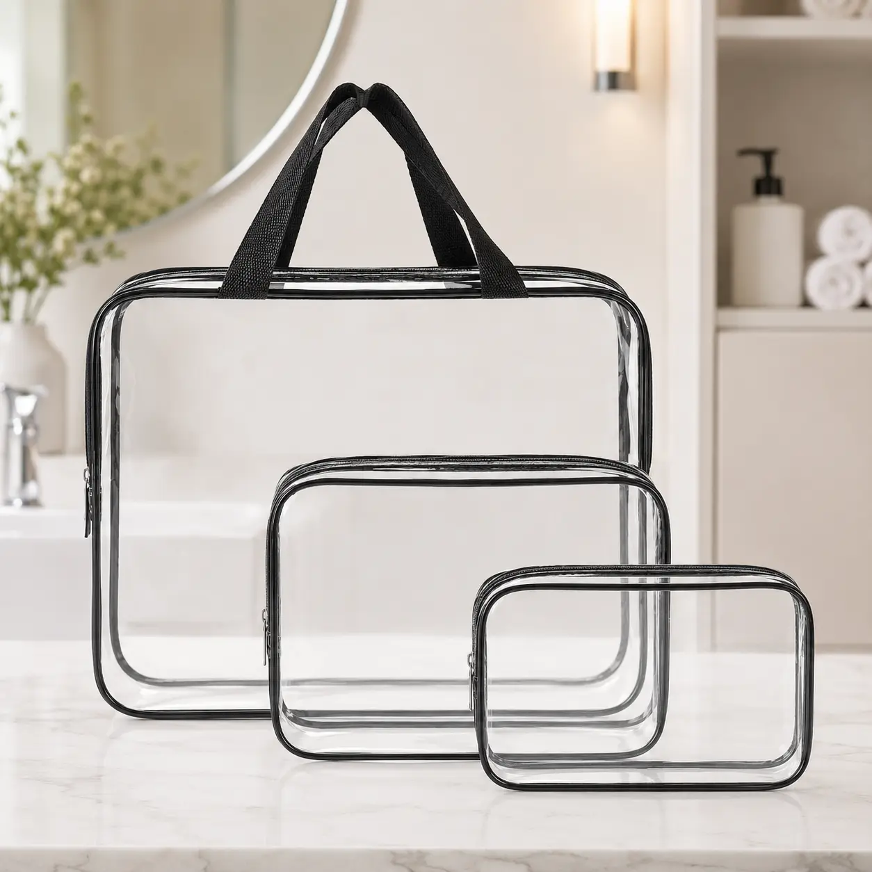 Clear Travel Toiletry Bag 3 Pack, Transparent Zipper Cosmetic Organizer Pouches with Handles for Travel Makeup & Toiletry Storage
