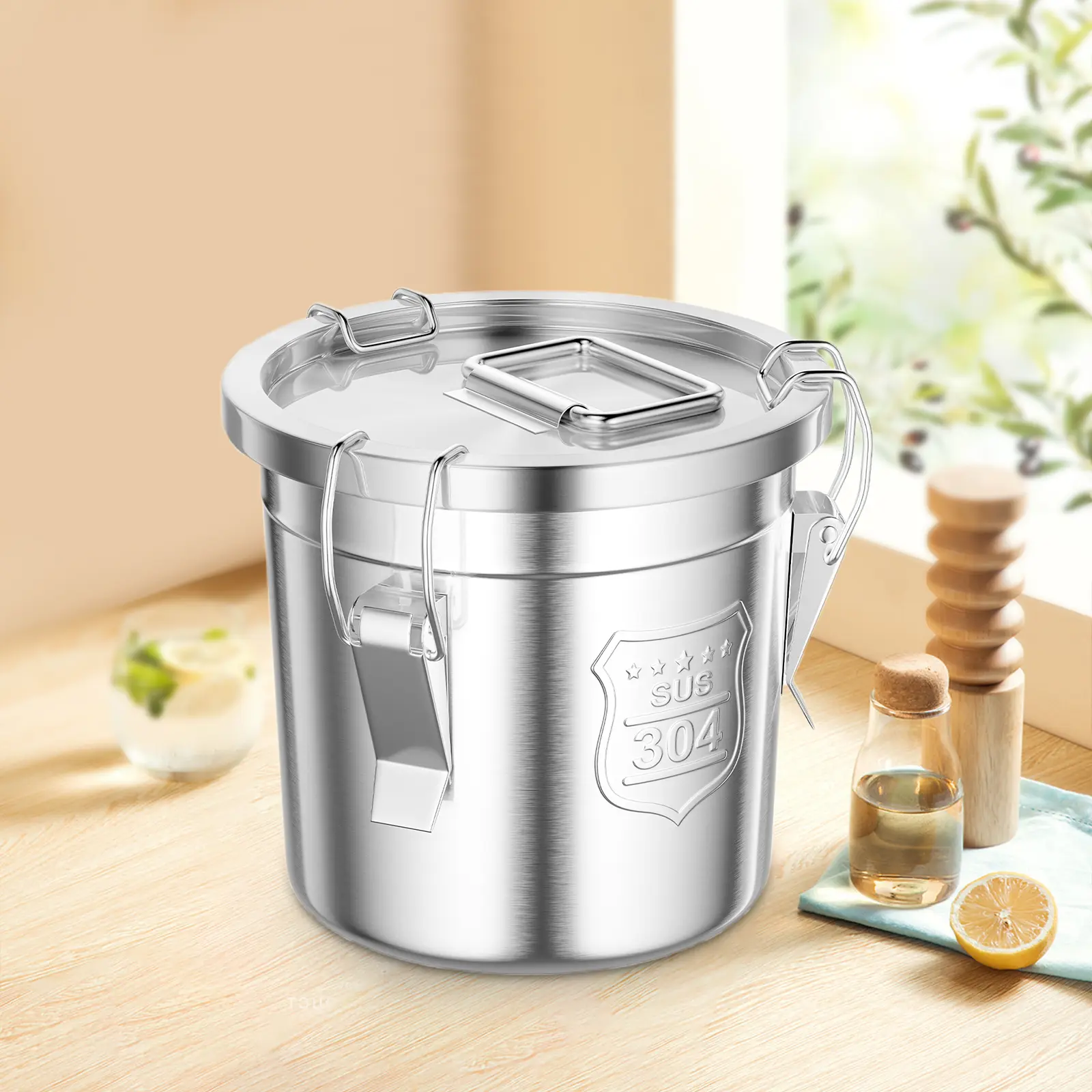 6L Stainless Steel Grain Container 20x20cm, Airtight Food Storage Canister for Kitchen Snack Shop, Silver with Lid