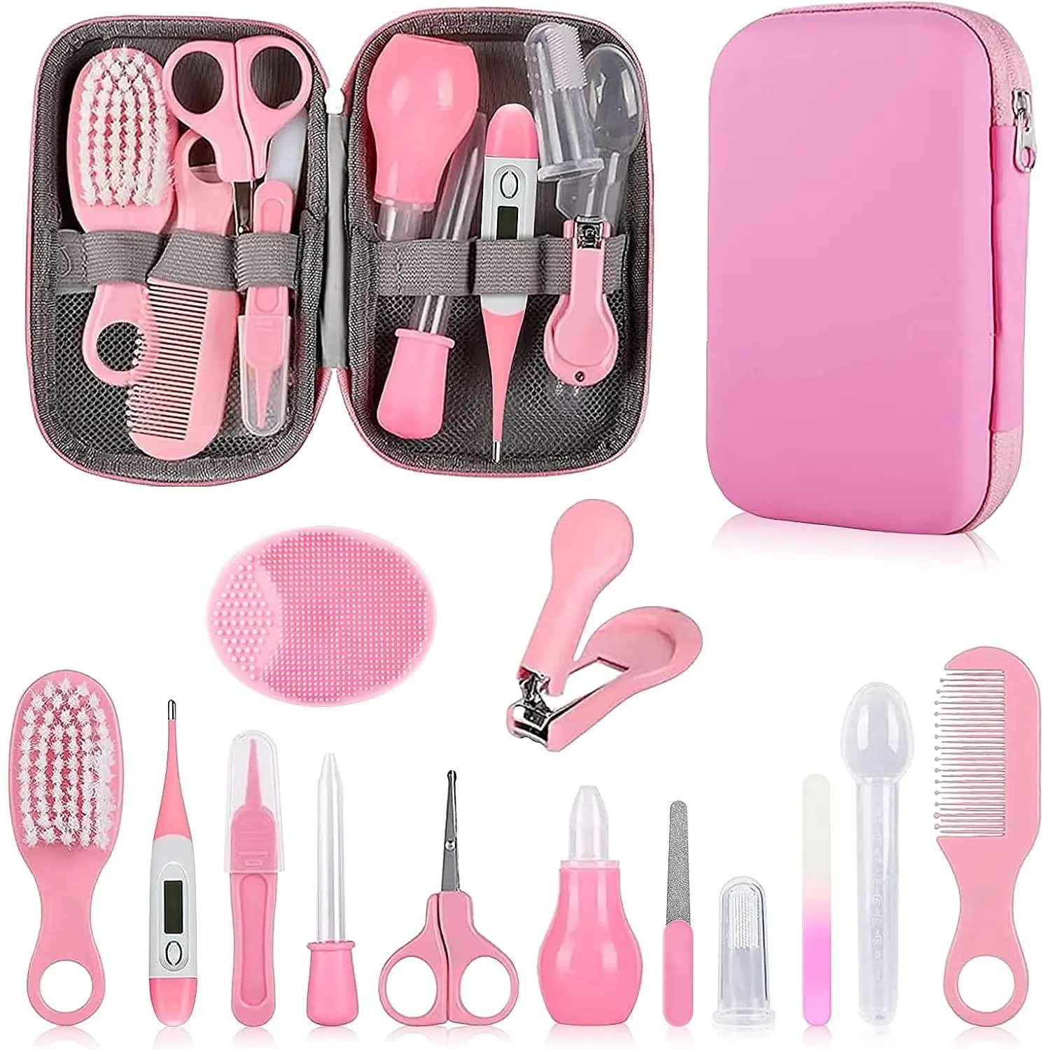 Grooming Kit, Infant Safety Care Set with Hair Brush Comb Nail Clipper Nasal Aspirator,Essentials Kit for Newborn Girls Boys (Pink Grooming kit)