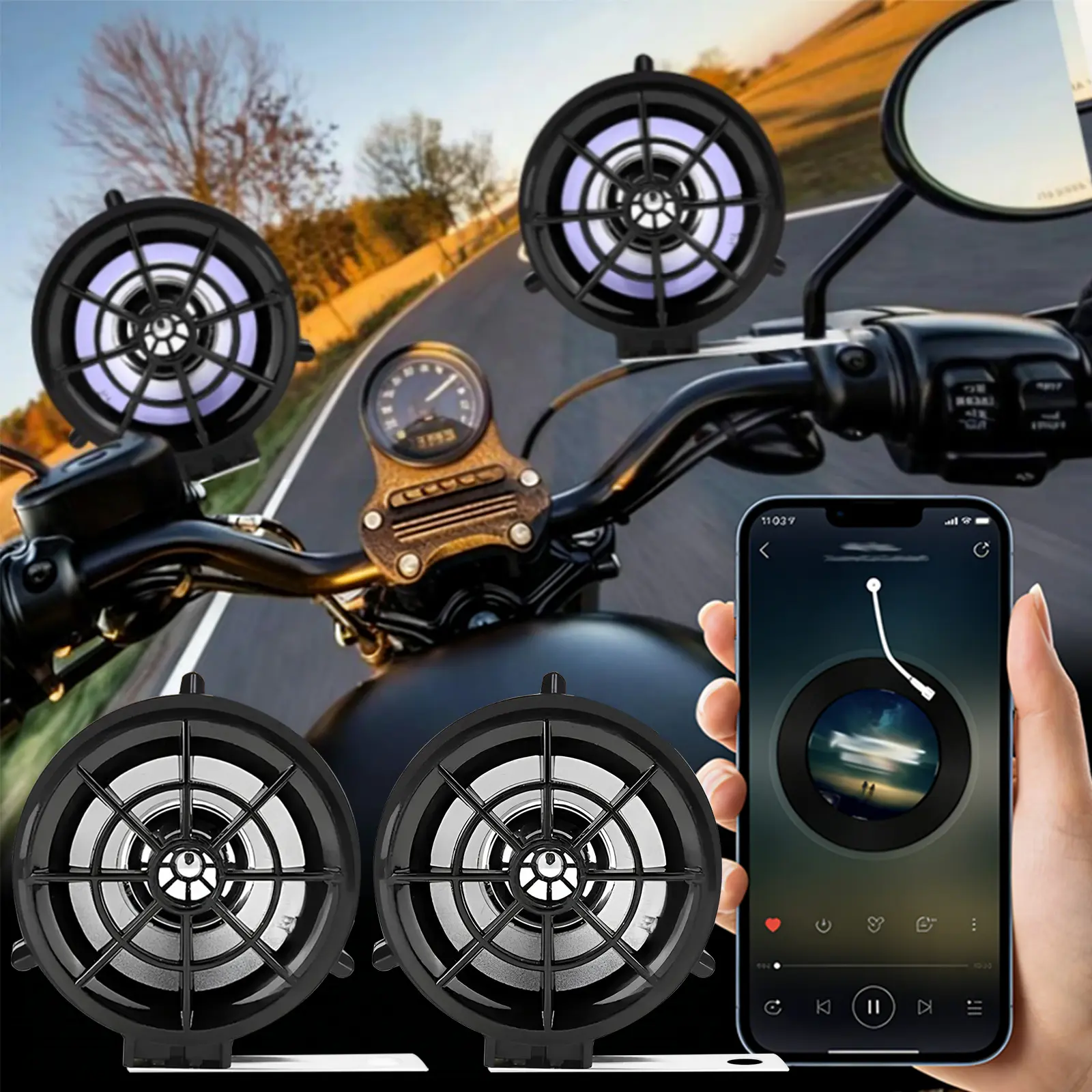 High Power Motorcycle Speaker - Handlebar-Mounted Stereo with Handlebar Mounting Bracket, ABS Body, Wiring Kit, Remote Control, Smartphone-Compatible Audio Sound System, Black for Most Motorcycle Types