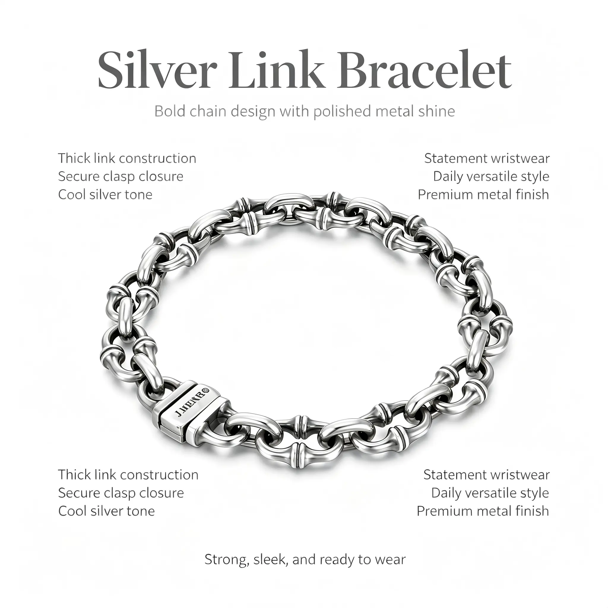 Men’s Retro Bold Horseshoe Link Heavy Interlock Chain Copper Metal Bracelet - High Quality Copper-Plated Silver, Custom Logo Engraved Push Lock Locking Bracelet, Biker Punk Thick Wrist Jewelry for Father’s Day, Gift