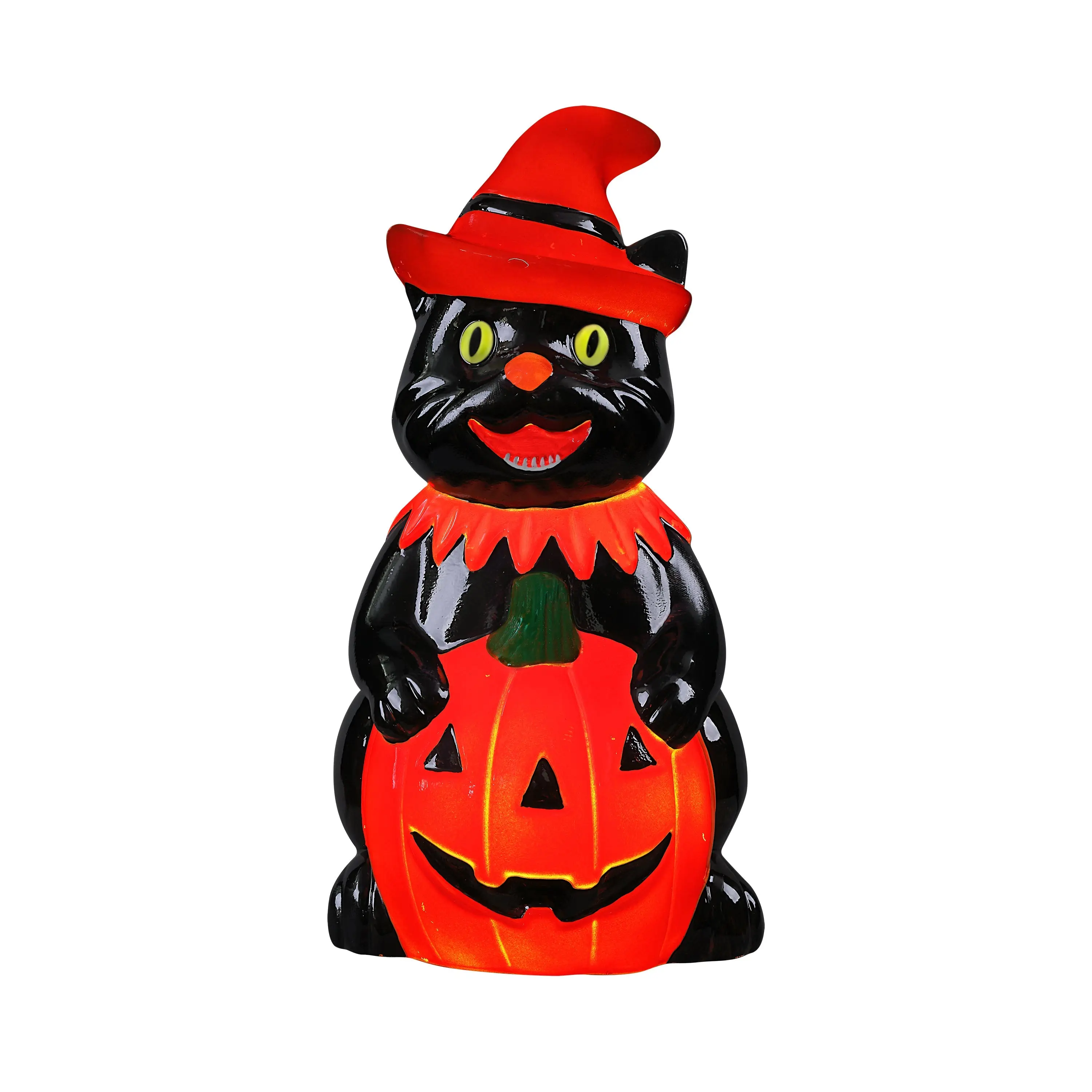 18 in. Outdoor Spooky Cat Lit Blow Mold, Home Ornaments Decoration, Light-Up Porch Entry Glow Statue, Hat, Magical