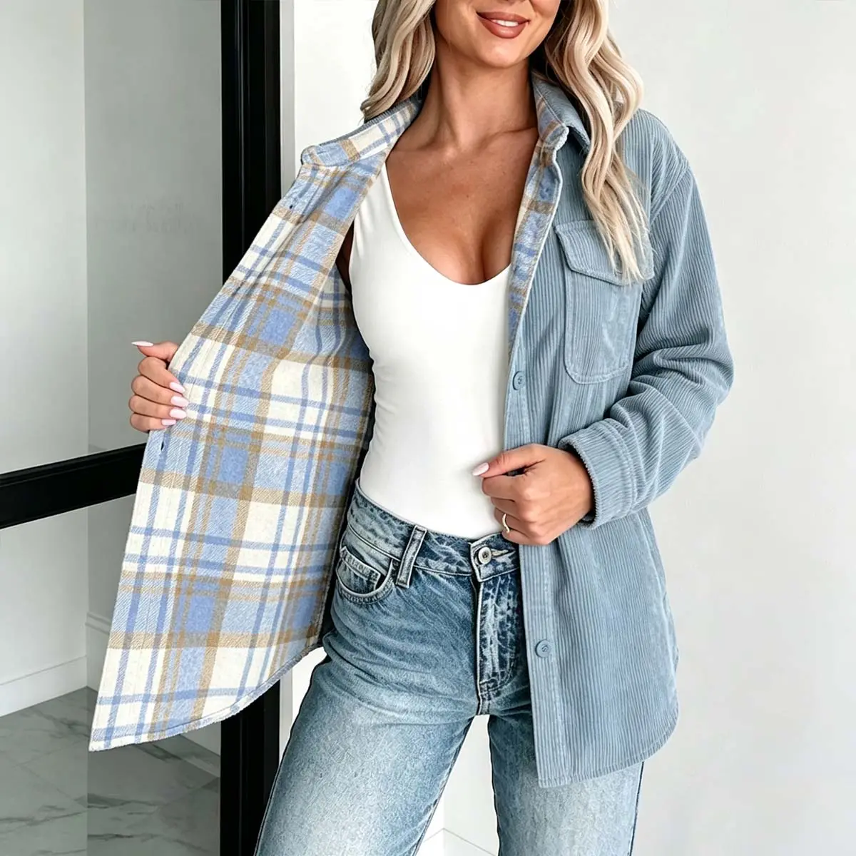CHICME Women's Two-Way Reversible Corduroy Plaid Shacket Button Down Long Sleeve Shirt Jacket
