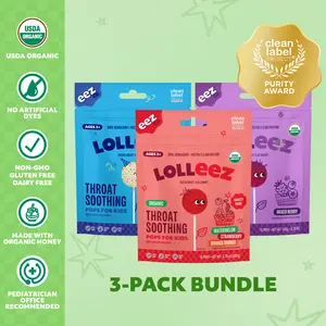 Kids Throat Soothing Pops Bundle (3-pack) - Lolleez USDA Certified Organic ingredients, Non-GMO, Gluten-free, Dairy-free and No Artificial Colors or Dyes with 5 different flavors; Strawberry, Watermelon, Orange Mango, Birthday Cake and Mixed Berry
