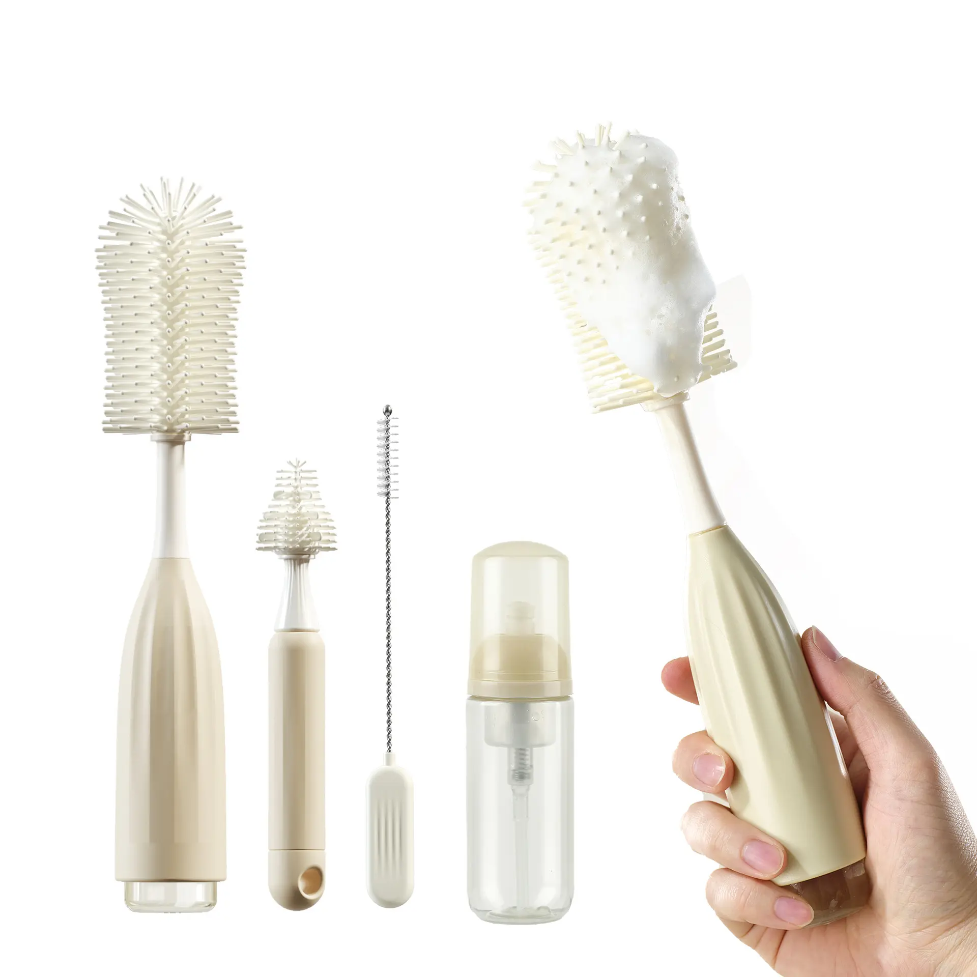 Silicone Baby Bottle Cleaner Brush Set - Push-Press Foaming Action, cup lid Food Grade Non-Scratch, Multiple Heads for Breast Pump Parts & Nipples, Portable Travel Tool, Newborn Essentials Gift for Moms (Green)