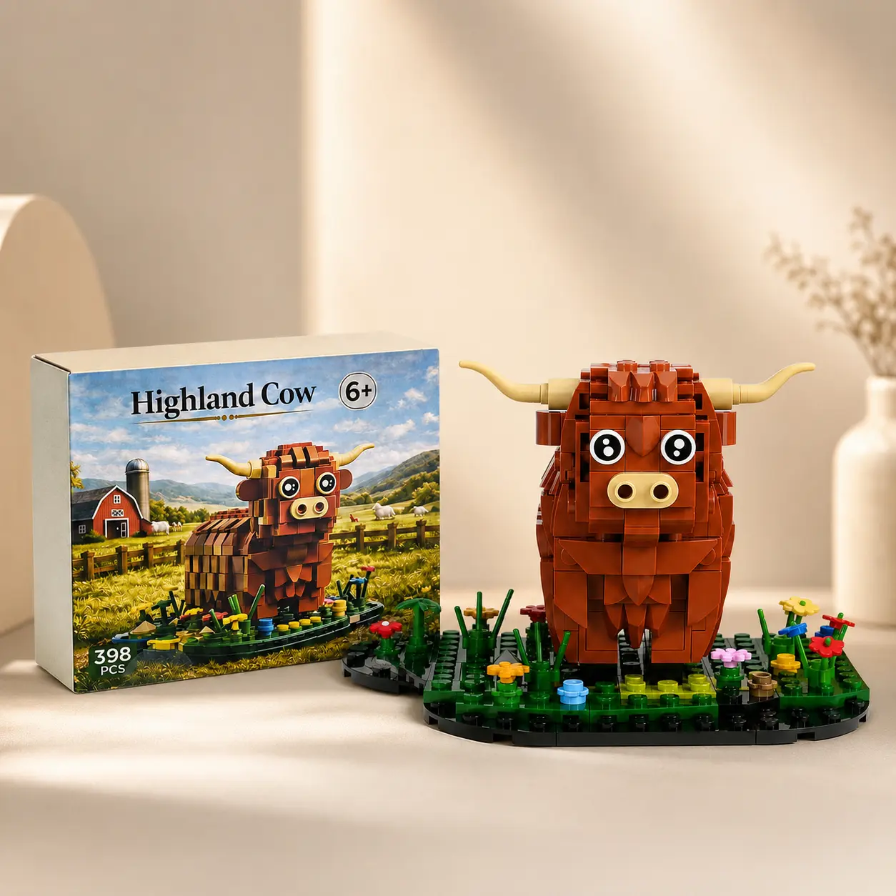Unisex Highland Cow Collectibles Building Blocks Kit - 398 PCS Detailed Animal Plastic Bricks, Interlocking Farm Model with Meadow Base for Kids, Classic Model Building Kits, Animal Theme